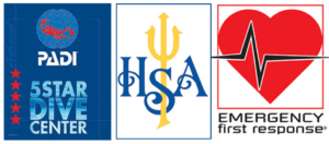 padi 5 star dive center logo, HSA- Handicapped Scuba Association logo, Emergency First response logo