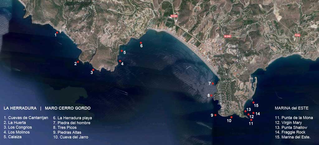 dive sites map of Costa del Sol in Andalucia Spain.